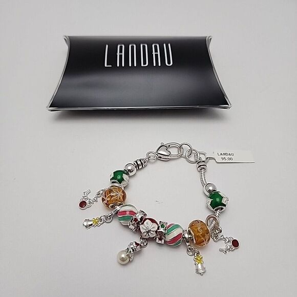 LANDAU Christmas Charm Bracelet Silver‎ With Multicolor Charms Heart Closure - Picture 1 of 10